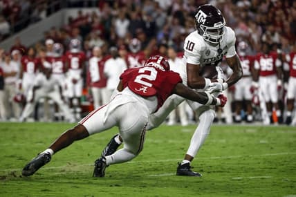 Oct 8, 2022; Tuscaloosa, Alabama, USA;  Texas A&M Aggies wide receiver Chris Marshall (10) catches a pass against Alabama Crimson Tide defensive back DeMarcco Hellams (2) at Bryant-Denny Stadium. Mandatory Credit: Butch Dill-USA TODAY Sports