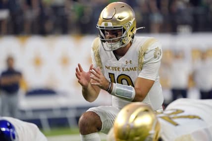 Oct 8, 2022; Paradise, Nevada, USA; Notre Dame Fighting Irish quarterback Drew Pyne (10) calls a play during the first half against the Brigham Young Cougars at Allegiant Stadium. Mandatory Credit: Lucas Peltier-USA TODAY Sports