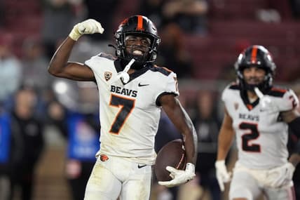 Oct 8, 2022; Stanford, California, USA; Oregon State Beavers wide receiver Silas Bolden (7) celebrates after scoring a touchdown against the Stanford Cardinal during the fourth quarter at Stanford Stadium. Mandatory Credit: Darren Yamashita-USA TODAY Sports