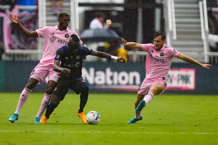 Oct 9, 2022; Fort Lauderdale, Florida, USA; CF Montreal forward Kei Kamara (23) dribbles the ball against the Inter Miami during the first half at DRV PNK Stadium. Mandatory Credit: Rich Storry-USA TODAY Sports