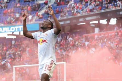 Oct 9, 2022; Harrison, New Jersey, USA;  New York Red Bulls forward Elias Manoel Alves de Paula (11) celebrates his second goal against the Charlotte FC during second half at Red Bull Arena. Mandatory Credit: Vincent Carchietta-USA TODAY Sports