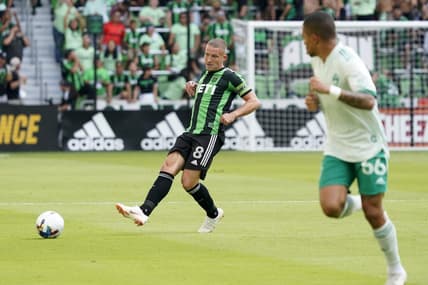 Oct 9, 2022; Austin, Texas, USA; Austin FC midfielder Alexander Ring (8) handles the ball as Colorado Rapids defender Lucas Esteves (66) defends during the first half at Q2 Stadium. Mandatory Credit: Scott Wachter-USA TODAY Sports