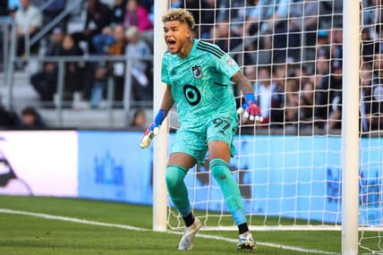Oct 9, 2022; Saint Paul, Minnesota, USA; Minnesota United goalkeeper Dayne St. Clair (97) reacts against the Vancouver Whitecaps during the first half at Allianz Field. Mandatory Credit: Matt Krohn-USA TODAY Sports