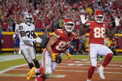 Oct 10, 2022; Kansas City, Missouri, USA; Kansas City Chiefs tight end Travis Kelce (87) catches a passes for a touch down against the Las Vegas Raiders in the second half at GEHA Field at Arrowhead Stadium. Mandatory Credit:    Denny Medley-USA TODAY Sports