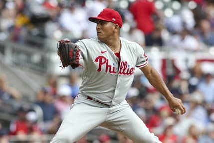 Oct 11, 2022; Atlanta, Georgia, USA; Philadelphia Phillies starting pitcher Ranger Suarez (55) throws against the Atlanta Braves in the first inning during game one of the NLDS for the 2022 MLB Playoffs at Truist Park. Mandatory Credit: Brett Davis-USA TODAY Sports