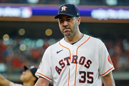Oct 11, 2022; Houston, Texas, USA; Houston Astros starting pitcher Justin Verlander (35) reacts as he walks off the field against the Seattle Mariners at the end of third inning in game one of the ALDS for the 2022 MLB Playoffs at Minute Maid Park. Mandatory Credit: Troy Taormina-USA TODAY Sports
