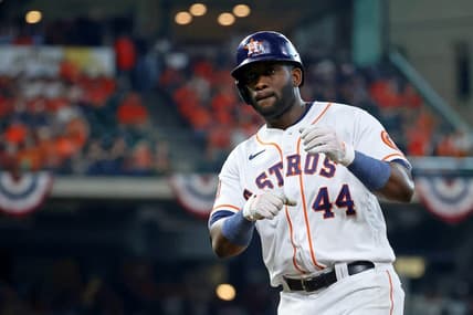 Oct 11, 2022; Houston, Texas, USA; Houston Astros designated hitter Yordan Alvarez (44) reacts after hitting a single against the Seattle Mariners during the eighth inning in game one of the ALDS for the 2022 MLB Playoffs at Minute Maid Park. Mandatory Credit: Troy Taormina-USA TODAY Sports