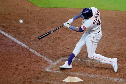 Oct 11, 2022; Houston, Texas, USA; Houston Astros designated hitter Yordan Alvarez (44) hits a walk-off three-run home run against the Seattle Mariners during game one of the ALDS for the 2022 MLB Playoffs at Minute Maid Park. Mandatory Credit: Erik Williams-USA TODAY Sports