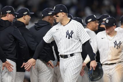 Oct 11, 2022; Bronx, New York, USA; New York Yankees first baseman Anthony Rizzo (48) celebrates after the Yankees beat the Cleveland Guardians in game one of the ALDS for the 2022 MLB Playoffs at Yankee Stadium. Mandatory Credit: Vincent Carchietta-USA TODAY Sports