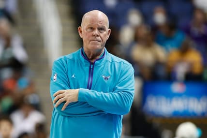 Oct 7, 2022; Greensboro, North Carolina, USA; Charlotte Hornets coach Steve Clifford watches his team play the Boston Celtics in the second half at Greensboro Coliseum Complex. The Boston Celtics won the preseason game 112-103. Mandatory Credit: Nell Redmond-USA TODAY Sports