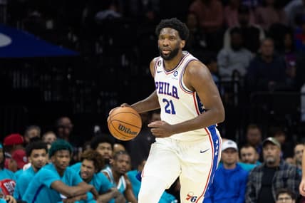 Oct 12, 2022; Philadelphia, Pennsylvania, USA; Philadelphia 76ers center Joel Embiid (21) in action against the Charlotte Hornets during the second quarter at Wells Fargo Center. Mandatory Credit: Bill Streicher-USA TODAY Sports