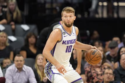 Oct 9, 2022; Sacramento, California, USA; Sacramento Kings forward Domantas Sabonis (10) dribbles against the Portland Trail Blazers during the first quarter at Golden 1 Center. Mandatory Credit: Darren Yamashita-USA TODAY Sports