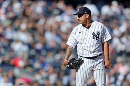 Oct 14, 2022; Bronx, New York, USA; New York Yankees starting pitcher Nestor Cortes (65) looks on before pitching against the Cleveland Guardians during the fifth inning in game two of the ALDS for the 2022 MLB Playoffs at Yankee Stadium. Mandatory Credit: Brad Penner-USA TODAY Sports