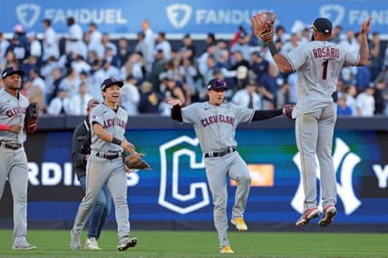 Oct 14, 2022; Bronx, New York, USA; The Cleveland Guardians celebrate after their win against the New York Yankees in game two of the ALDS for the 2022 MLB Playoffs at Yankee Stadium. Mandatory Credit: Vincent Carchietta-USA TODAY Sports