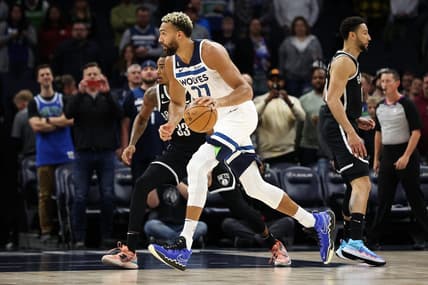 Oct 14, 2022; Minneapolis, Minnesota, USA; Minnesota Timberwolves center Rudy Gobert (27) dribbles the ball during the first quarter against the Brooklyn Nets at Target Center. Mandatory Credit: Matt Krohn-USA TODAY Sports