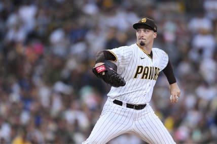 Oct 14, 2022; San Diego, California, USA; San Diego Padres starting pitcher Blake Snell (4) throws a pitch in the first inning against the Los Angeles Dodgers during game three of the NLDS for the 2022 MLB Playoffs at Petco Park. Mandatory Credit: Orlando Ramirez-USA TODAY Sports