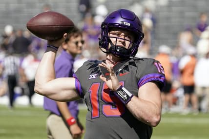 Oct 15, 2022; Fort Worth, Texas, USA; TCU Horned Frogs quarterback Max Duggan (15) warms up prior to a game against the Oklahoma State Cowboys at Amon G. Carter Stadium. Mandatory Credit: Raymond Carlin III-USA TODAY Sports