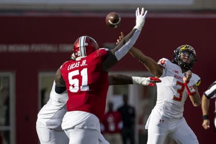 Oct 15, 2022; Bloomington, Indiana, USA; Maryland Terrapins quarterback Taulia Tagovailoa (3) throws the ball over Indiana Hoosiers defensive lineman Patrick Lucas Jr. (51) during the second quarter at Memorial Stadium. Mandatory Credit: Marc Lebryk-USA TODAY Sports