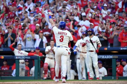 Oct 15, 2022; Philadelphia, Pennsylvania, USA; Philadelphia Phillies designated hitter Bryce Harper (3) gestures after hitting a home run in the eight inning against the Atlanta Braves in game four of the NLDS for the 2022 MLB Playoffs at Citizens Bank Park. Mandatory Credit: Eric Hartline-USA TODAY Sports