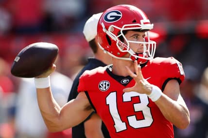 Georgia quarterback Stetson Bennett (13) warms up before the start of a NCAA college football game between Vanderbilt and Georgia in Athens, Ga., on Saturday, Oct. 15, 2022.

News Joshua L Jones