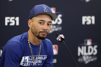 Oct 15, 2022; San Diego, California, USA; Los Angeles Dodgers right fielder Mookie Betts (50) speaks to the press before the game against the San Diego Padres on game four of the NLDS for the 2022 MLB Playoffs at Petco Park. Mandatory Credit: Kiyoshi Mio-USA TODAY Sports