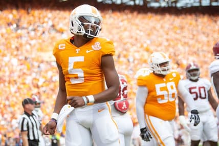 Tennessee quarterback Hendon Hooker (5) smiles after a Tennessee touchdown during Tennessee's game against Alabama in Neyland Stadium in Knoxville, Tenn., on Saturday, Oct. 15, 2022.

RAnk 1 Kns Ut Bama Football Bp