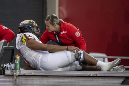 Oct 15, 2022; Bloomington, Indiana, USA; Maryland Terrapins quarterback Taulia Tagovailoa (3) is carted off of the filed with a knee injury during the second half against the Indiana Hoosiers at Memorial Stadium. Mandatory Credit: Marc Lebryk-USA TODAY Sports