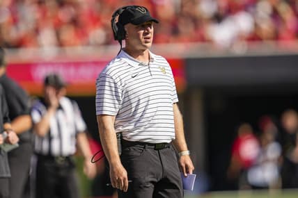 Oct 15, 2022; Athens, Georgia, USA; Vanderbilt Commodores head coach Clark Lea reacts on the sideline against the Georgia Bulldogs at Sanford Stadium. Mandatory Credit: Dale Zanine-USA TODAY Sports