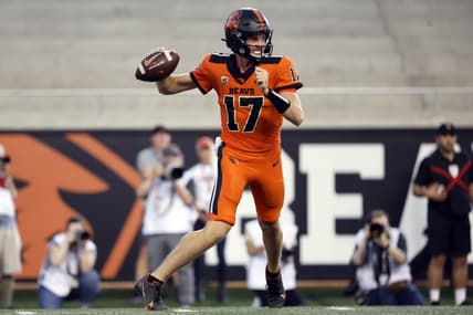 Oct 15, 2022; Corvallis, Oregon, USA; Oregon State Beavers quarterback Ben Gulbranson (17) looks to throw during the first half Washington State Cougars at Reser Stadium. Mandatory Credit: Soobum Im-USA TODAY Sports