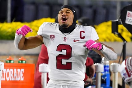 Oct 15, 2022; South Bend, Indiana, USA; Stanford Cardinal safety Jonathan McGill (2) celebrates in the closing seconds of the 16-14 win over the Notre Dame Fighting Irish at Notre Dame Stadium. Mandatory Credit: Matt Cashore-USA TODAY Sports