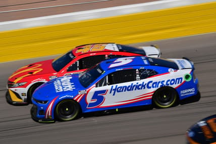 Oct 16, 2022; Las Vegas, Nevada, USA; NASCAR Cup Series driver Kyle Larson (5) and driver Bubba Wallace (45) drive for position during the South Point 400 at Las Vegas Motor Speedway. Mandatory Credit: Gary A. Vasquez-USA TODAY Sports