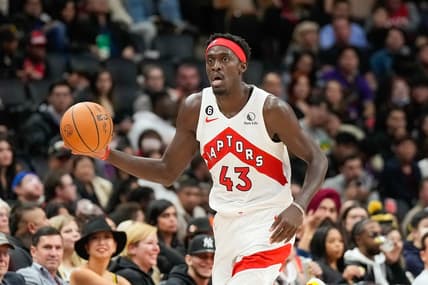 Oct 9, 2022; Toronto, Ontario, CAN; Toronto Raptors forward Pascal Siakam (43) moves the ball against the Chicago Bulls during the first half at Scotiabank Arena. Mandatory Credit: Kevin Sousa-USA TODAY Sports
