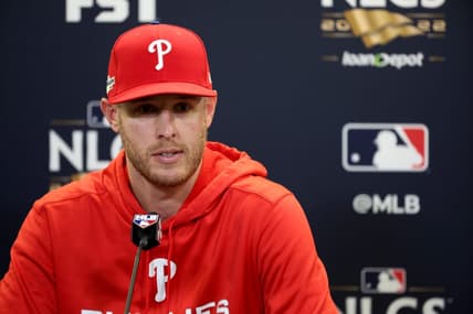 Oct 18, 2022; San Diego, California, USA; Philadelphia Phillies starting pitcher Zack Wheeler (45) at a press conference after game one of the NLCS of the 2022 MLB Playoffs against the San Diego Padres at Petco Park. The Phillies won 2-0. Mandatory Credit: Kiyoshi Mio-USA TODAY Sports