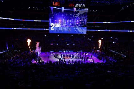 Oct 19, 2022; Detroit, Michigan, USA;  General view as Detroit Pistons guard Cade Cunningham (2) is introduce before the game against the Orlando Magic at Little Caesars Arena. Mandatory Credit: Rick Osentoski-USA TODAY Sports
