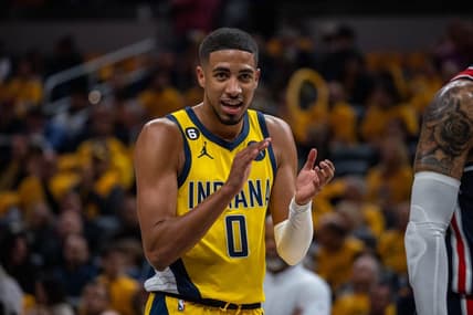 Oct 19, 2022; Indianapolis, Indiana, USA; Indiana Pacers guard Tyrese Haliburton (0) in the second half against the Washington Wizards at Gainbridge Fieldhouse. Mandatory Credit: Trevor Ruszkowski-USA TODAY Sports