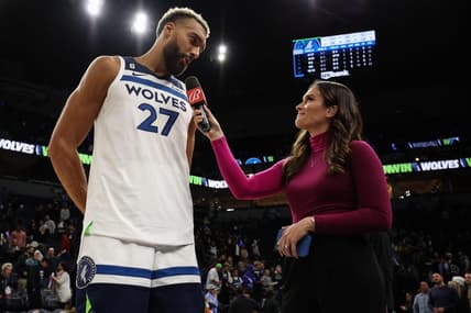 Oct 19, 2022; Minneapolis, Minnesota, USA; Minnesota Timberwolves center Rudy Gobert (27) is interviewed by Bally Sports Norths Katie Storm after the game against the Oklahoma City Thunder at Target Center. Mandatory Credit: Matt Krohn-USA TODAY Sports