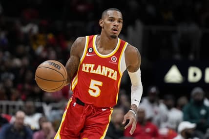 Oct 19, 2022; Atlanta, Georgia, USA; Atlanta Hawks guard Dejounte Murray (5) dribbles the ball against the Houston Rockets during the second half at State Farm Arena. Mandatory Credit: Dale Zanine-USA TODAY Sports
