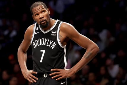Oct 19, 2022; Brooklyn, New York, USA; Brooklyn Nets forward Kevin Durant (7) reacts during the third quarter against the New Orleans Pelicans at Barclays Center. Mandatory Credit: Brad Penner-USA TODAY Sports