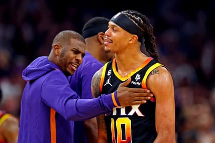 Oct 19, 2022; Phoenix, Arizona, USA; Phoenix Suns guard Damion Lee (10) celebrates with guard Chris Paul (3) during the fourth quarter against the Dallas Mavericks at Footprint Center. Mandatory Credit: Mark J. Rebilas-USA TODAY Sports