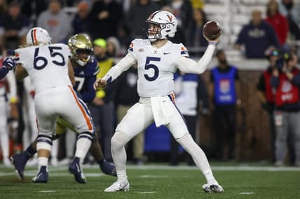 Oct 20, 2022; Atlanta, Georgia, USA; Virginia Cavaliers quarterback Brennan Armstrong (5) throws a pass against the Georgia Tech Yellow Jackets in the first half at Bobby Dodd Stadium. Mandatory Credit: Brett Davis-USA TODAY Sports