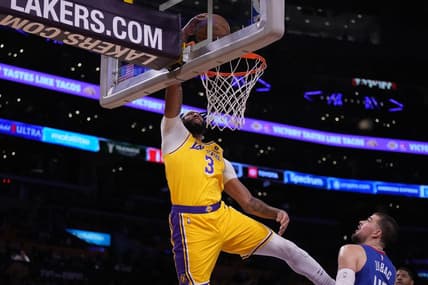 Oct 20, 2022; Los Angeles, California, USA; Los Angeles Lakers forward Anthony Davis (3) dunks the ball against LA Clippers  in the first half at Crypto.com Arena. Mandatory Credit: Kirby Lee-USA TODAY Sports