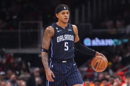 Oct 21, 2022; Atlanta, Georgia, USA; Orlando Magic forward Paolo Banchero (5) dribbles against the Atlanta Hawks in the second quarter at State Farm Arena. Mandatory Credit: Brett Davis-USA TODAY Sports