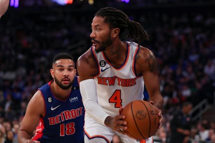 Oct 21, 2022; New York, New York, USA; New York Knicks guard Derrick Rose (4) looks to get past Detroit Pistons guard Cory Joseph (18) during the second quarter at Madison Square Garden. Mandatory Credit: Tom Horak-USA TODAY Sports