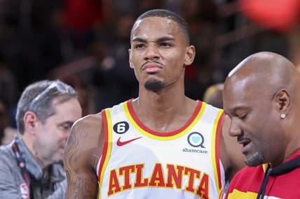 Oct 21, 2022; Atlanta, Georgia, USA; Atlanta Hawks guard Dejounte Murray (5) is interviewewed after a victory against the Orlando Magic at State Farm Arena. Mandatory Credit: Brett Davis-USA TODAY Sports