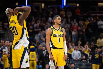 Oct 21, 2022; Indianapolis, Indiana, USA;  Indiana Pacers guard Tyrese Haliburton (0) reacts to the loss against the San Antonio Spurs at Gainbridge Fieldhouse. Mandatory Credit: Trevor Ruszkowski-USA TODAY Sports