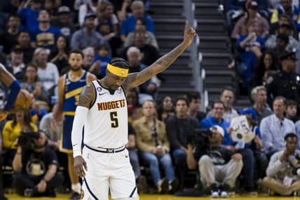 Oct 21, 2022; San Francisco, California, USA;  Denver Nuggets guard Kentavious Caldwell-Pope (5) gestures during the second half of the game against the Golden State Warriors at Chase Center. Mandatory Credit: John Hefti-USA TODAY Sports