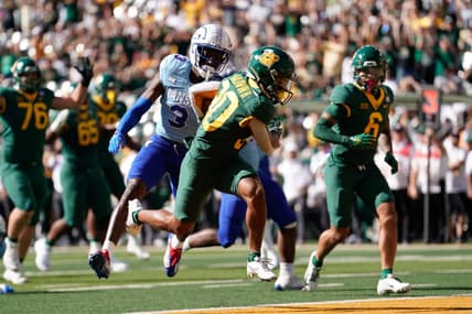 Oct 22, 2022; Waco, Texas, USA;  Baylor Bears wide receiver Monaray Baldwin (80) scores a touchdown in the first half against the Kansas Jayhawks at McLane Stadium. Mandatory Credit: Chris Jones-USA TODAY Sports
