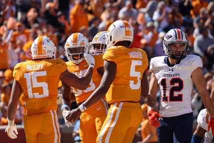 Oct 22, 2022; Knoxville, Tennessee, USA; Tennessee Volunteers wide receiver Bru McCoy (15) and Tennessee Volunteers wide receiver Ramel Keyton (80) celebrate a touchdown against the Tennessee Martin Skyhawks during the first half at Neyland Stadium. Mandatory Credit: Randy Sartin-USA TODAY Sports