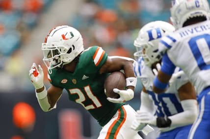 Oct 22, 2022; Miami Gardens, Florida, USA; Miami Hurricanes running back Henry Parrish Jr. (21) runs with the football during the first quarter against the Duke Blue Devils at Hard Rock Stadium. Mandatory Credit: Sam Navarro-USA TODAY Sports