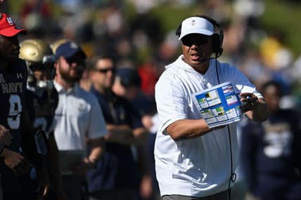 Oct 22, 2022; Annapolis, Maryland, USA;  Navy Midshipmen head coach Ken Niumatalolo calls timeout during the first half against the Houston Cougars at Navy-Marine Corps Memorial Stadium. Mandatory Credit: Tommy Gilligan-USA TODAY Sports